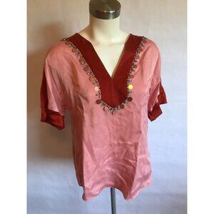 Tory Burch V-Neck Pink Short Sleeve Top W/ Jewel Neckline, Size 0